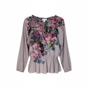 Fashion Bug Y2k Gray off the shoulder floral print Rhinestone blouse Sz. Med
